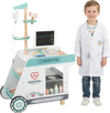 Wooden doctor playset cart with medical accessories, perfect for imaginative role-play for kids aged 3 and up.