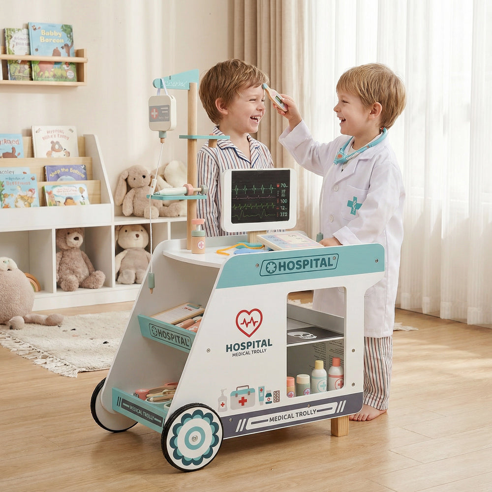 Wooden Doctor Playset for Kids Pretend Play Doctor Kit with Cart Gift for Toddlers Boys Girls Aged 3+-Green - Gallery View 1 of 10