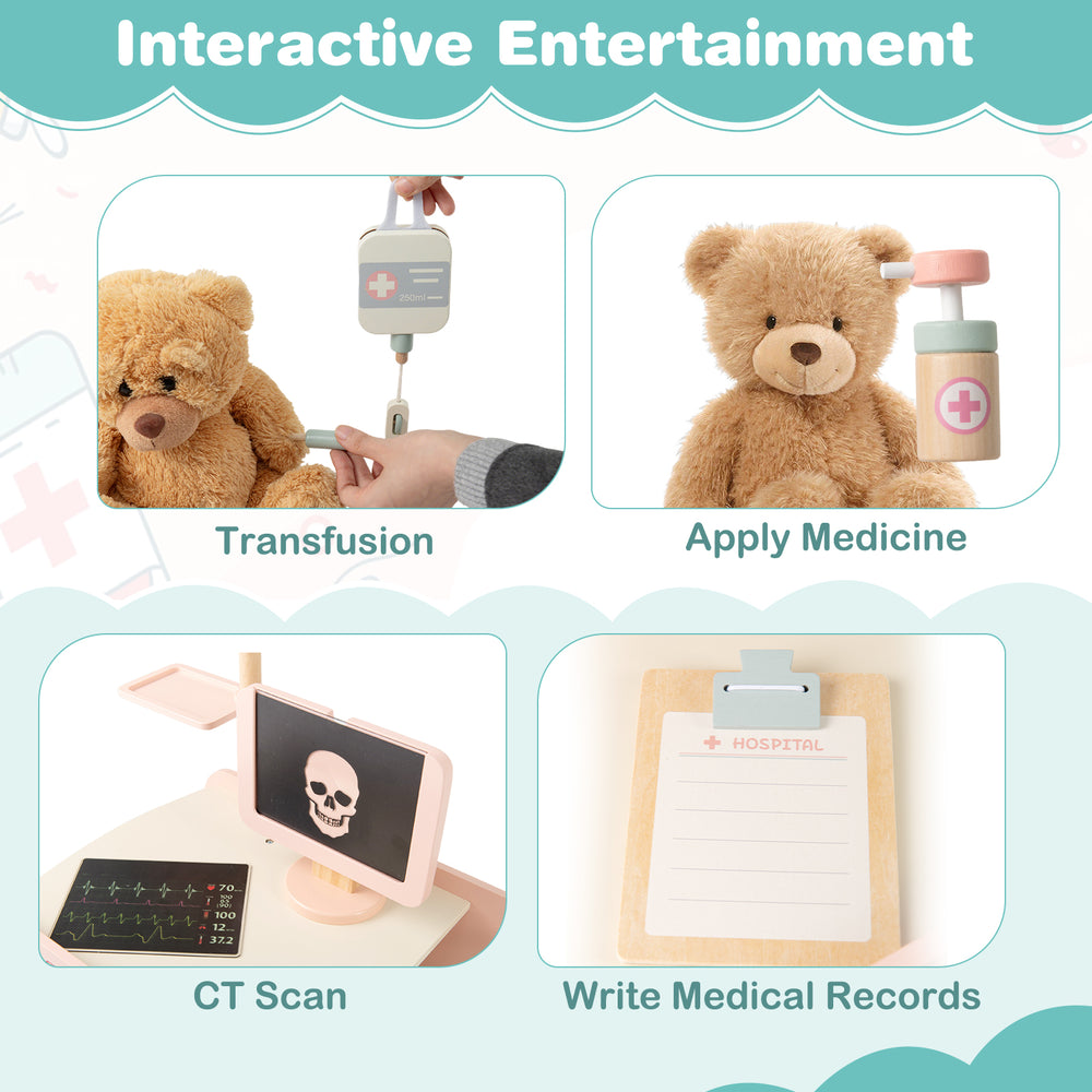 Wooden doctor playset for kids featuring a CT scan, medical record writing, and interactive medicine application.