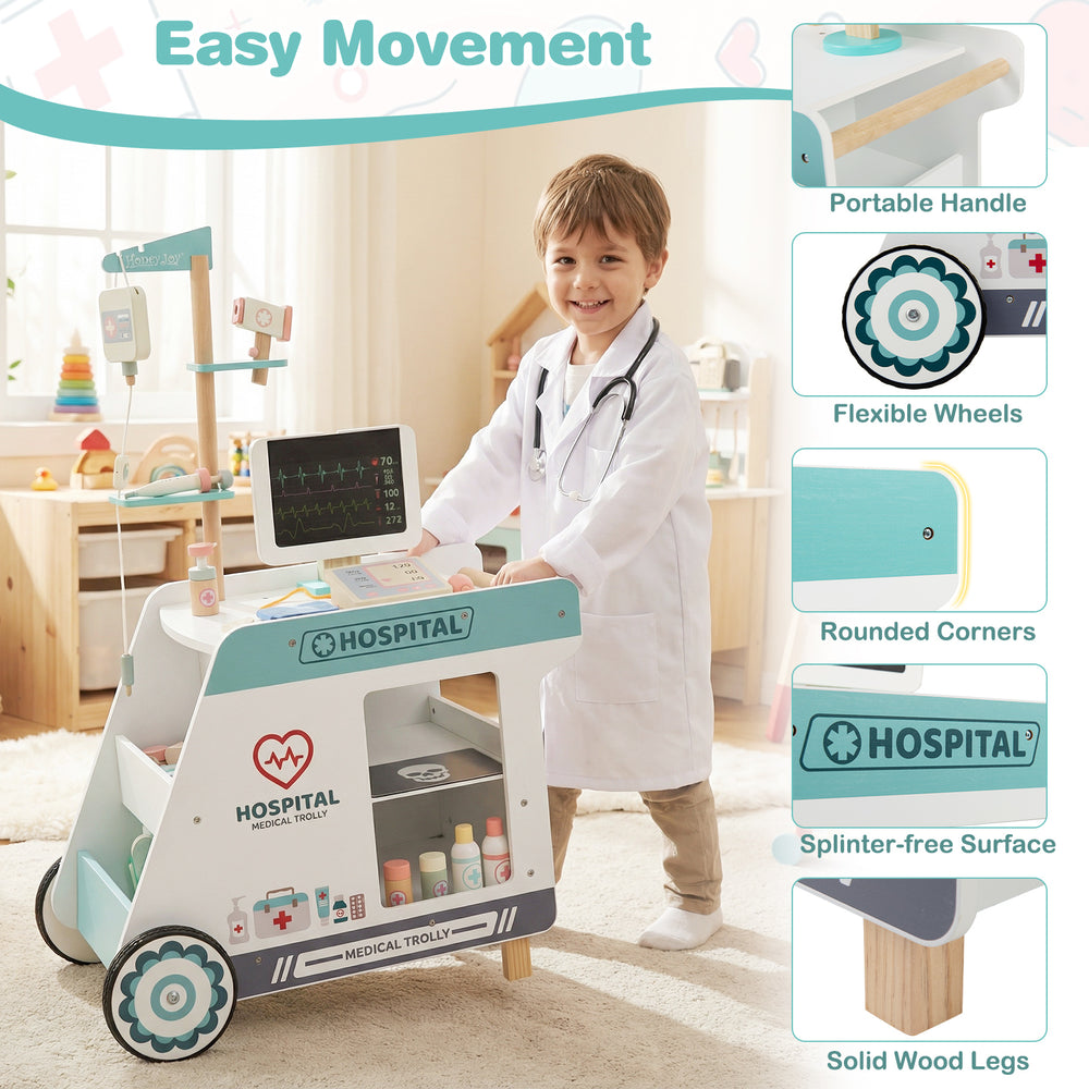 Wooden doctor playset cart with flexible wheels, solid wood legs, and medical accessories for imaginative role-play.