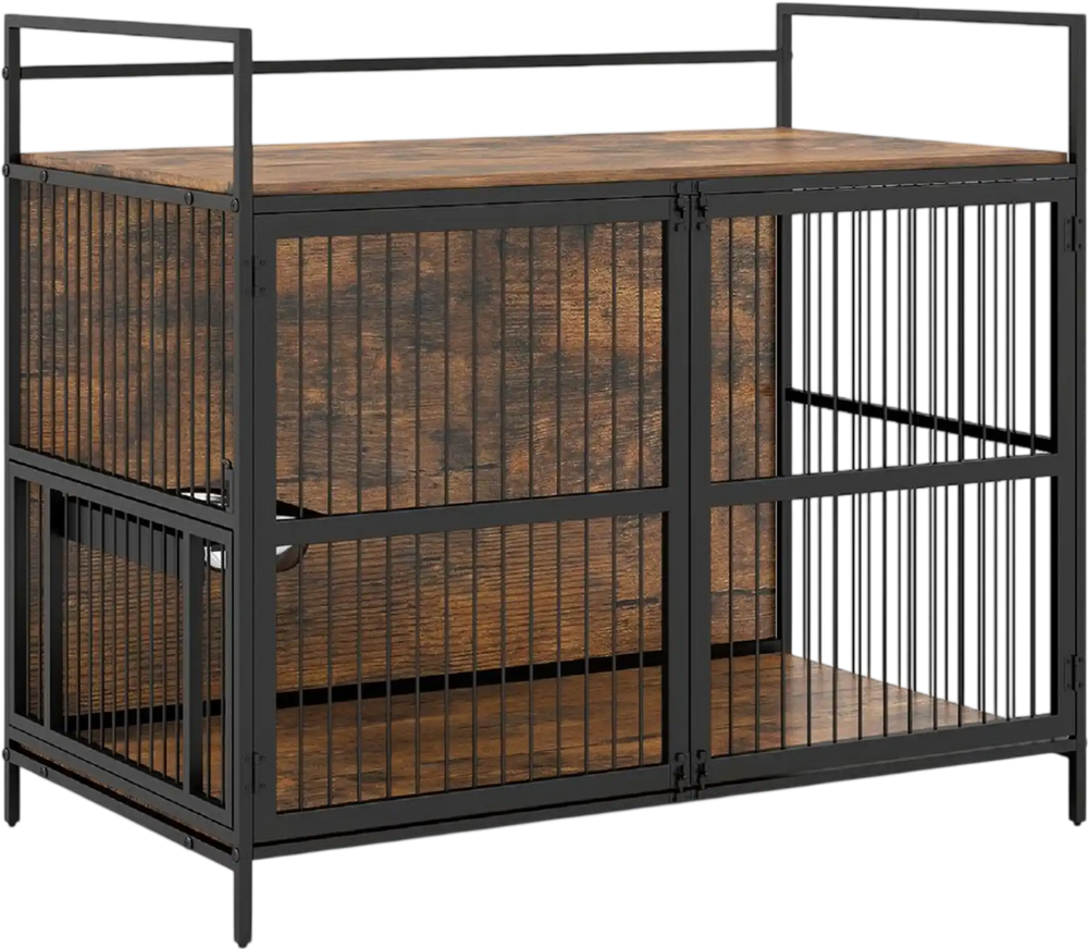 Wooden dog crate furniture for medium dogs features a brown finish, dual locks, and a 360° swivel bowl holder for easy feeding.