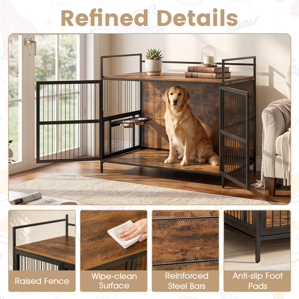 Wooden dog crate furniture in brown features a 360° swivel bowl holder, adjustable height, and a wipe-clean surface for easy maintenance.