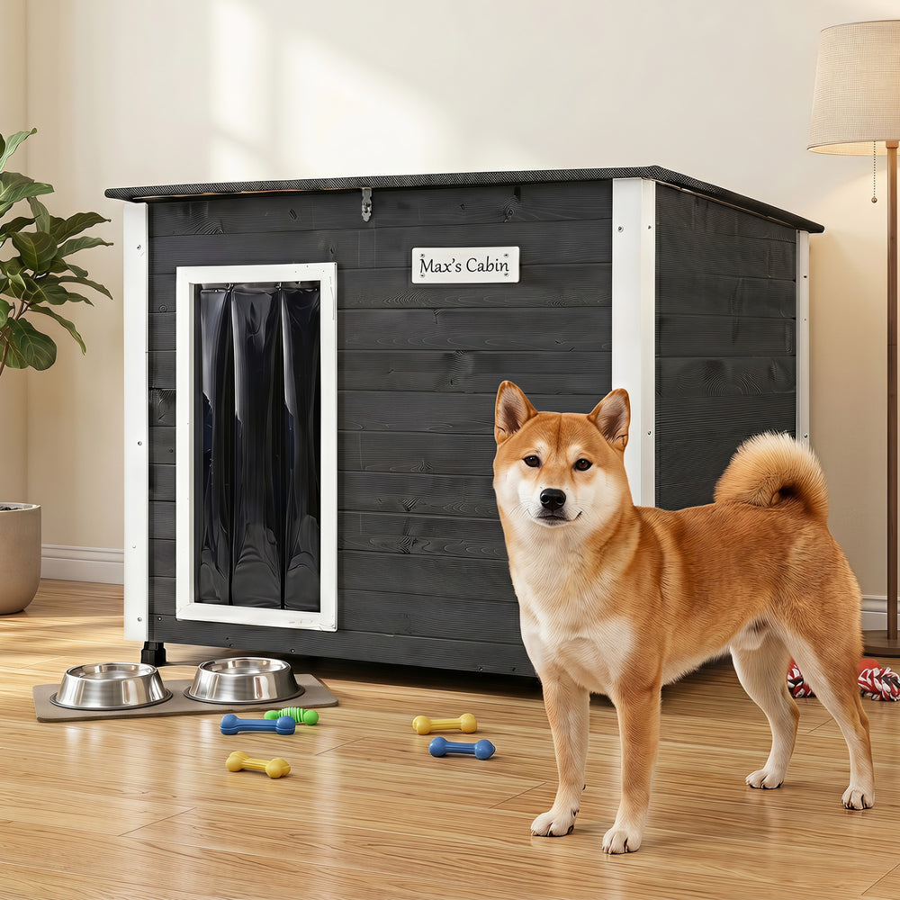 Wooden dog house featuring an elevated design with anti-slip feet, ensuring stability and comfort for outdoor pets.