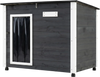 Wooden dog house featuring a raised floor and PVC curtain, providing added protection and comfort for outdoor pets.