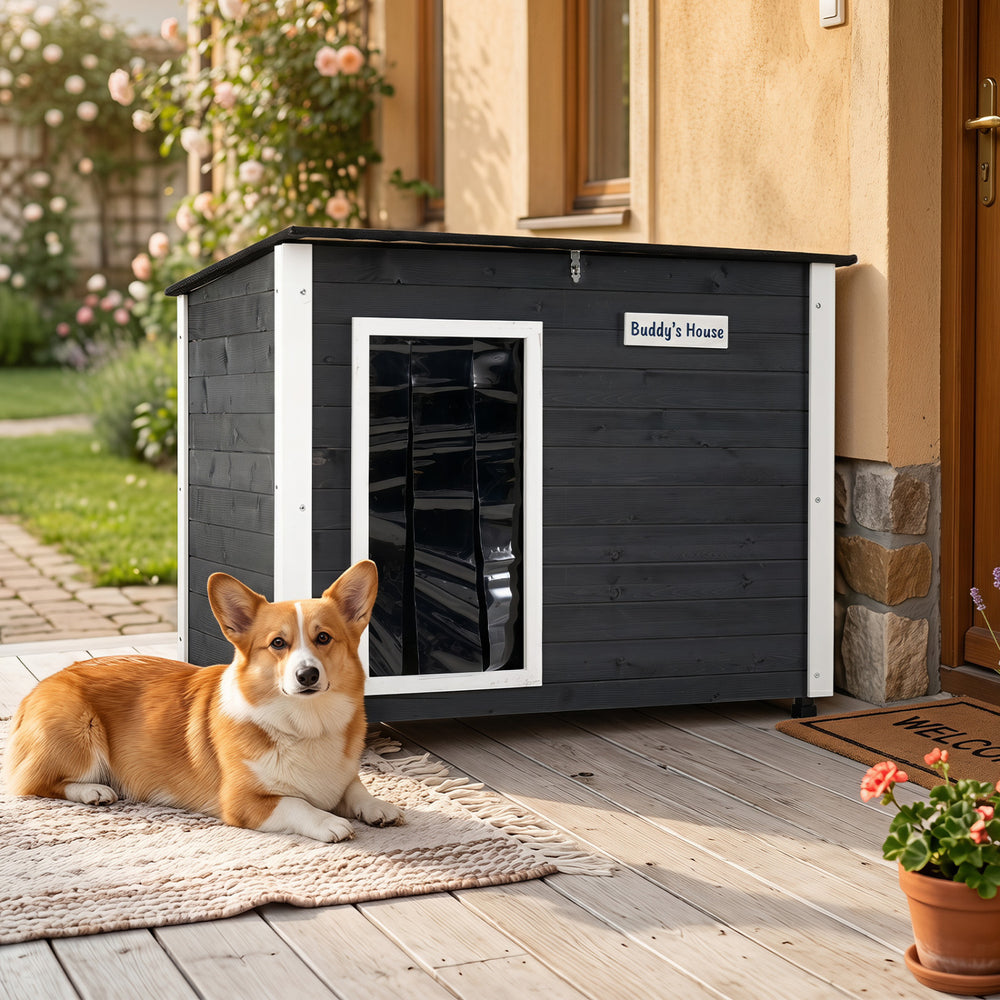 Wooden dog house with a coated spruce frame, removable floor, and openable asphalt roof for all-season comfort.