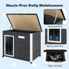 Wooden dog house with a removable floor and openable asphalt roof, designed for easy cleaning and all-season comfort.
