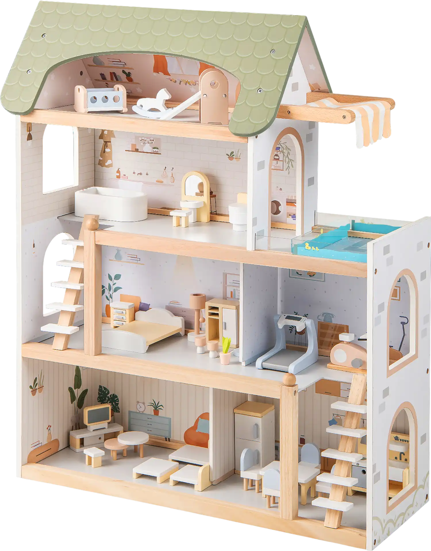 Costway Wooden Dollhouse Kids DIY Pretend Playhouse 33 PCS Furniture Accessories 358761942 New