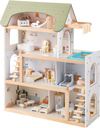Wooden dollhouse with 33 furniture pieces, featuring movable stairs and diverse room layouts for interactive play.