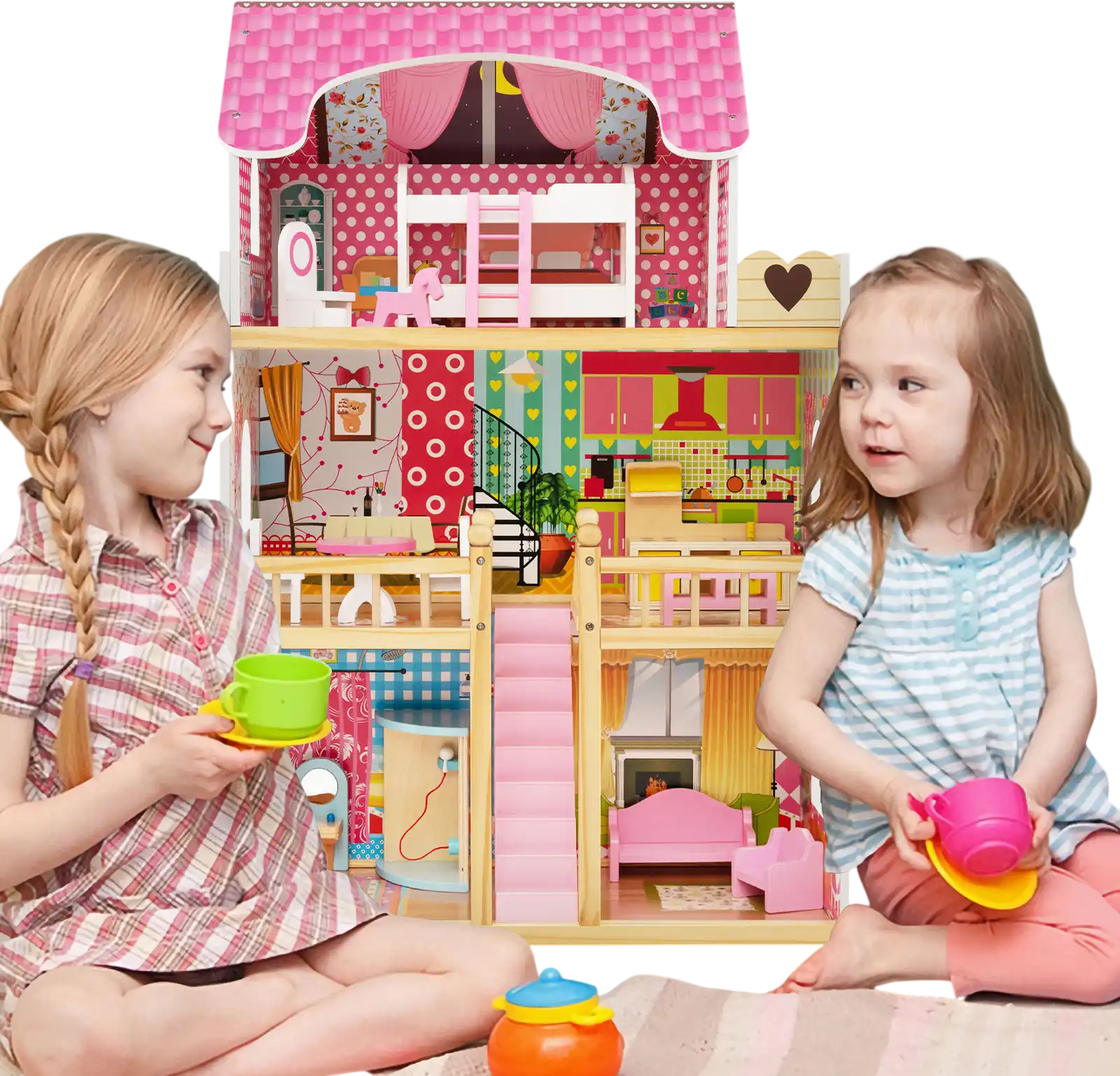 Costway 3-Story Doll House Playset 6 Rooms 15-Pc Pink 57942813 New