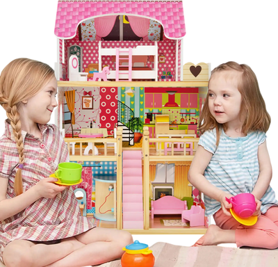 Costway 3-Story Doll House Playset 6 Rooms 15-Pc Pink 57942813 New