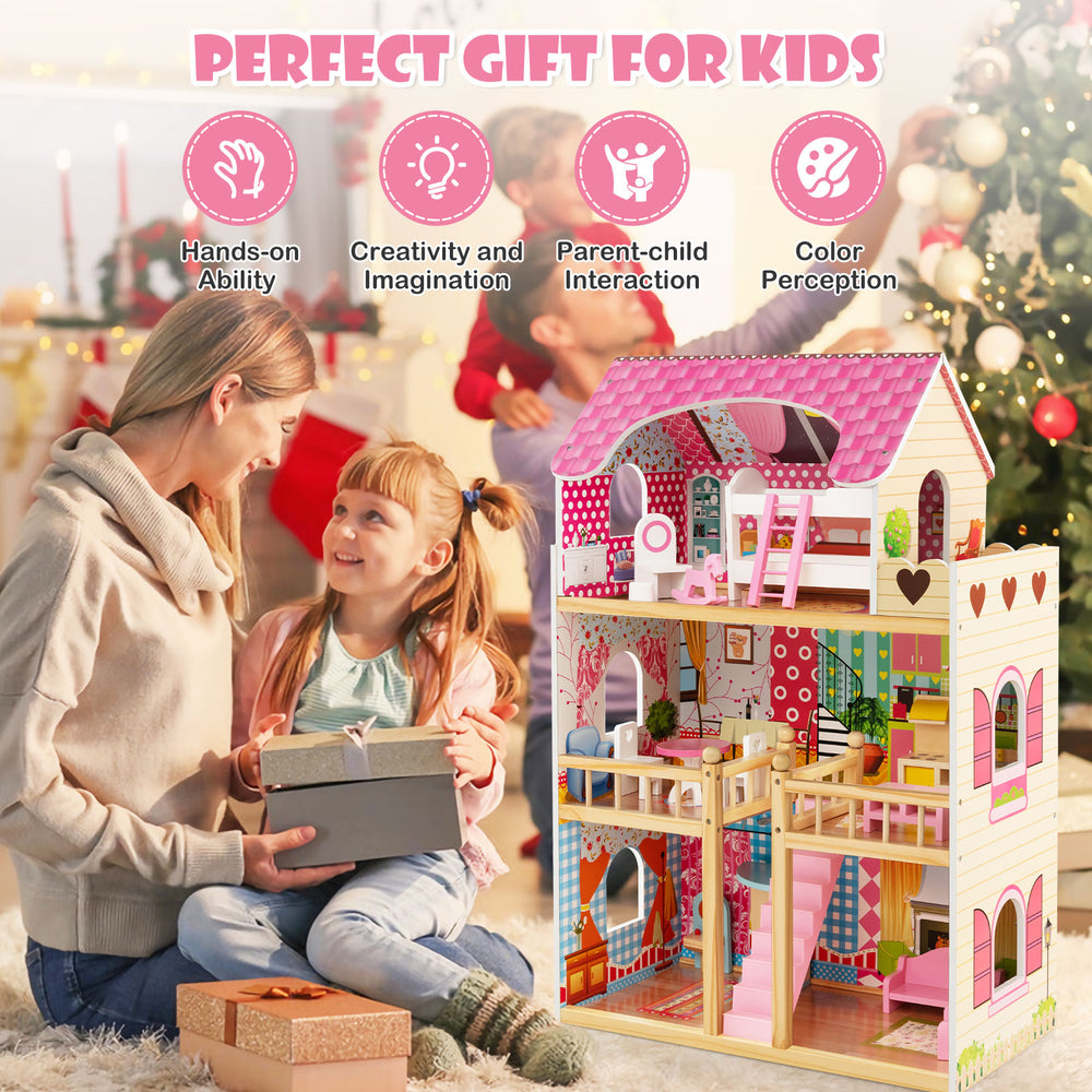 Doll house playset in pink with 3 stories, 6 rooms, and 15 furniture pieces for creative play and parent-child.