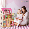Doll house playset in pink with 3 stories, 6 rooms, and 15 furniture pieces for imaginative play and parent-child.