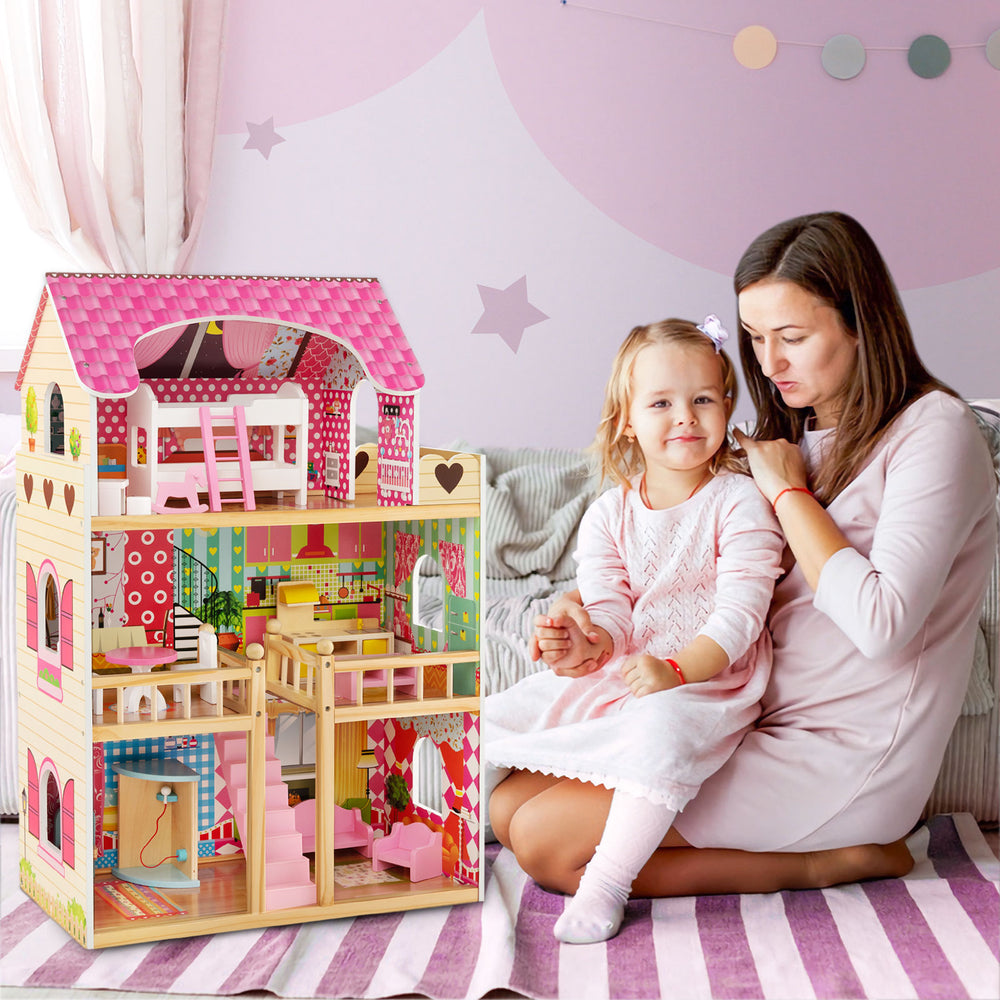 Doll house playset in pink with 3 stories, 6 rooms, and 15 furniture pieces for imaginative play and parent-child.