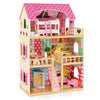 Three-story pink dollhouse playset with six rooms and 15 furniture pieces, designed for kids over 3 years old.