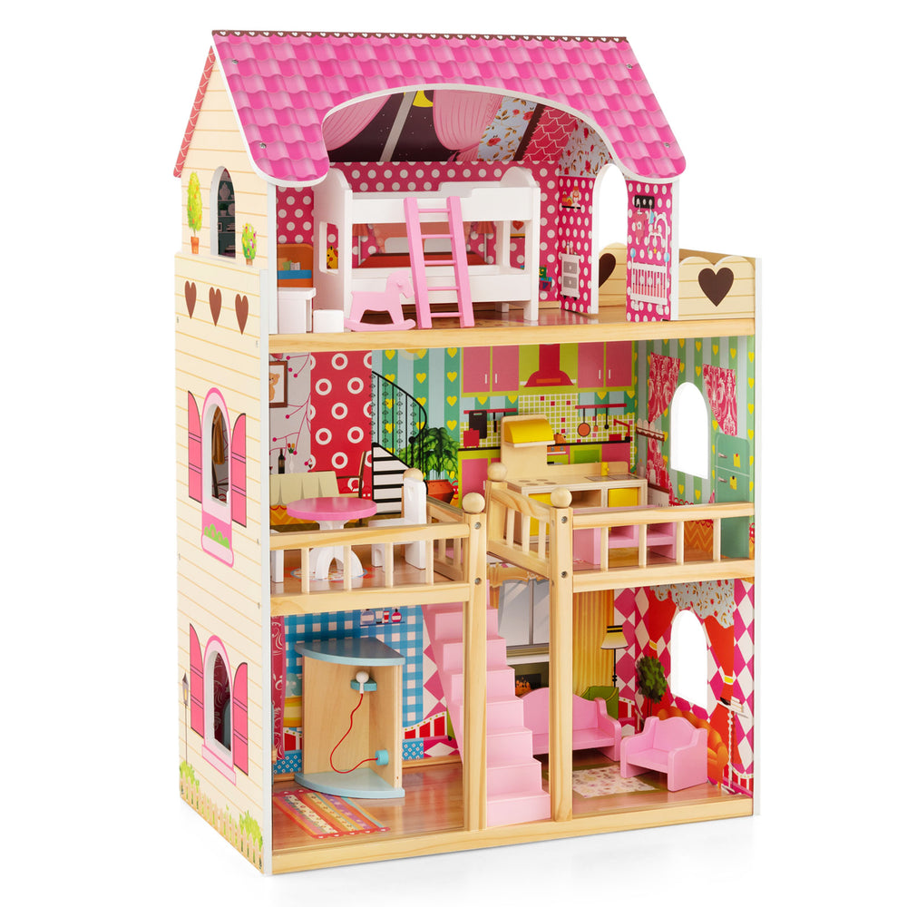 Three-story pink dollhouse playset with six rooms and 15 furniture pieces, designed for kids over 3 years old.