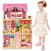 Doll house playset featuring 3 stories, 6 rooms, and 15 furniture pieces in pink, perfect for imaginative play.