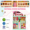 Three-story pink dollhouse playset with 15 furniture pieces, BPA-free wood, and smooth, kid-friendly design.