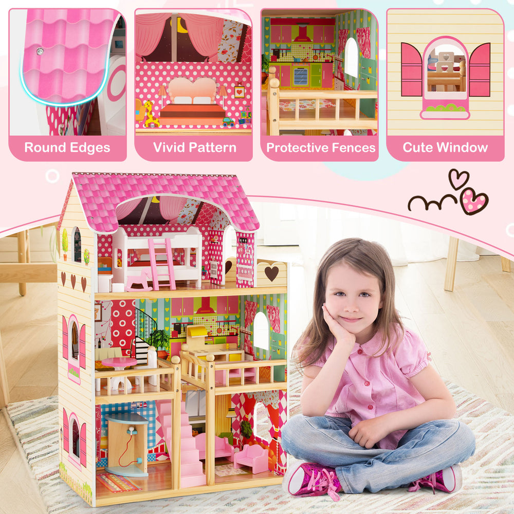 Three-story pink dollhouse playset featuring six rooms and 15 furniture pieces, designed for kids over 3 years old.