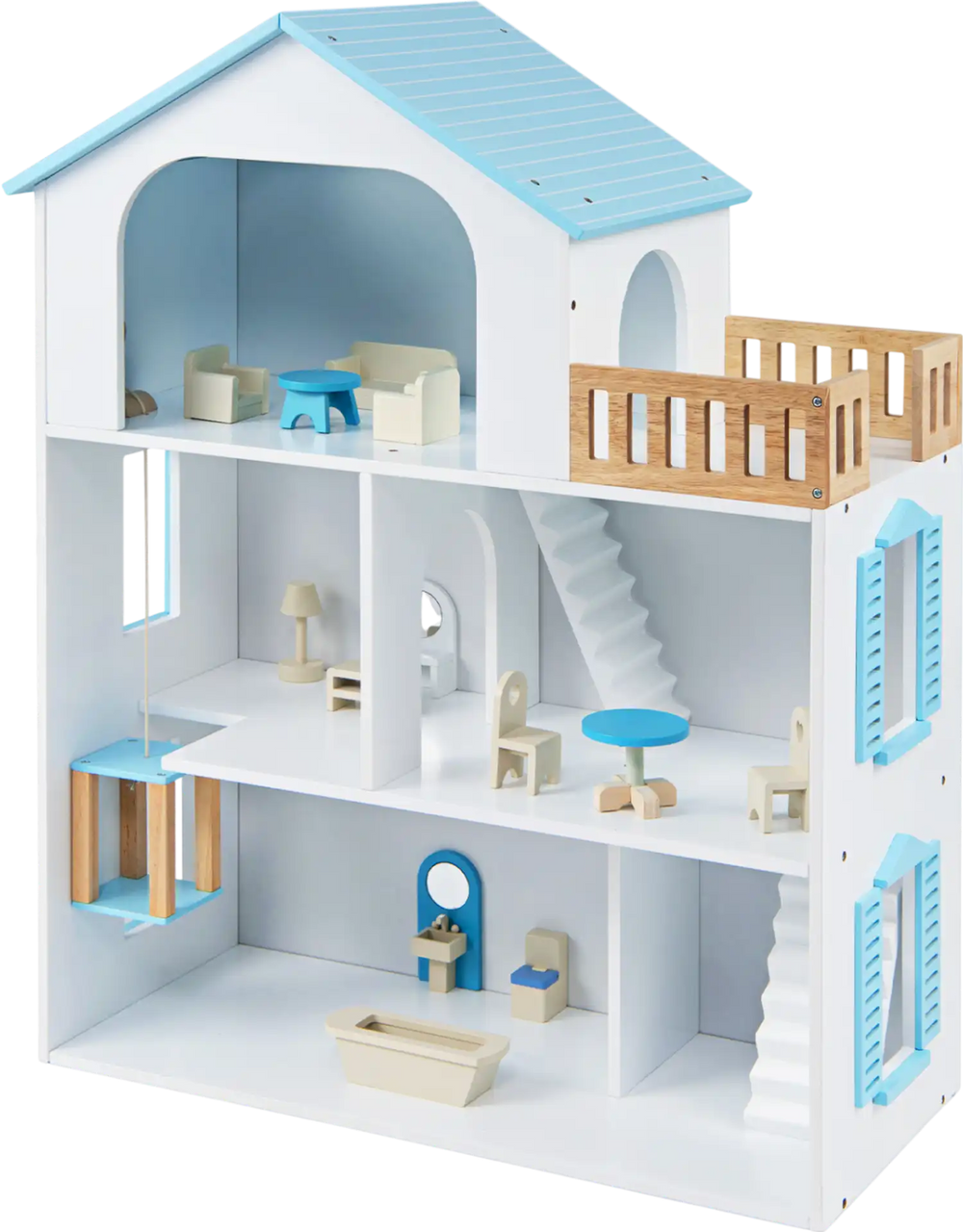 Wooden dollhouse in blue with 5 rooms, furniture accessories, and a moving elevator for imaginative play.