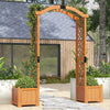 Wooden garden arbor with planter boxes and trellis for climbing plants, ideal for outdoor decoration and gardening.