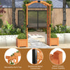 Wooden garden arbor with decorative arch and two planter boxes, ideal for climbing plants and outdoor decoration.