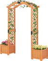 Wooden garden arbor with trellis and two planter boxes for climbing plants, ideal for garden or lawn decoration.