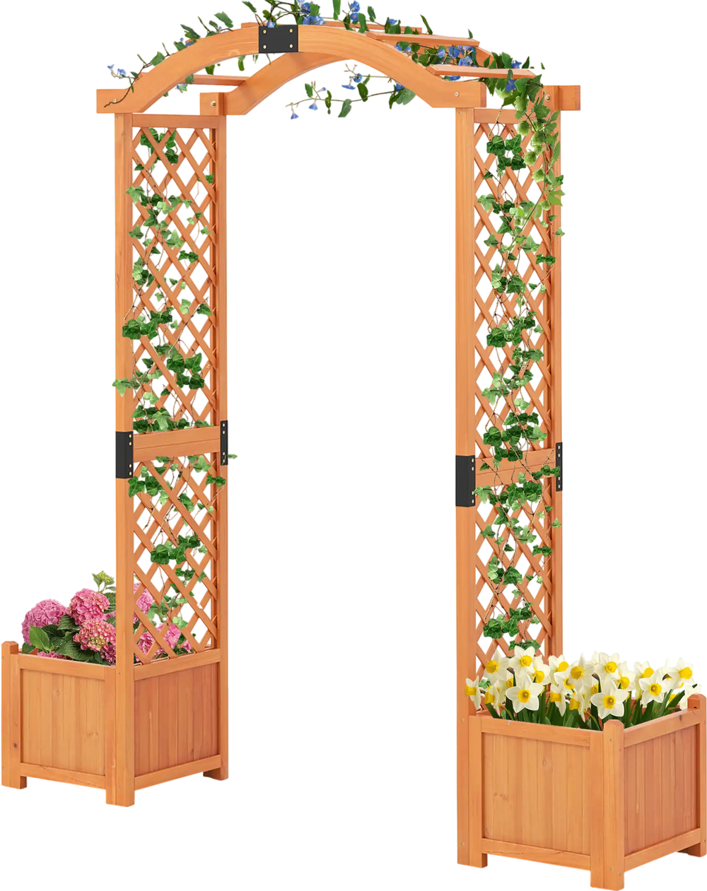 Wooden garden arbor with trellis and two planter boxes for climbing plants, ideal for garden or lawn decoration.