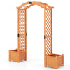Wooden garden arbor with trellis and two planter boxes, ideal for climbing plants and outdoor decoration.