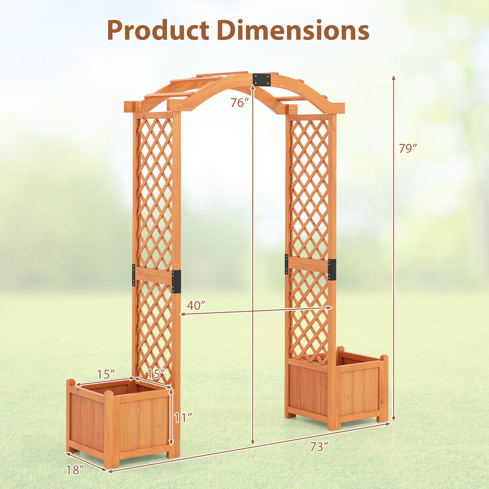 Wooden garden arbor with planter and trellis, featuring dimensions for climbing plants and decorations, ideal for.