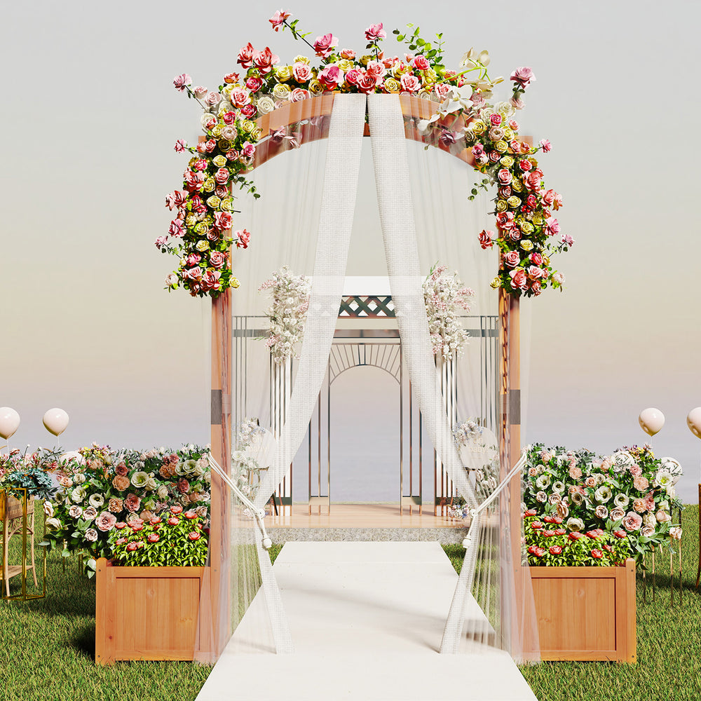 Wooden garden arbor with floral arch, featuring planter boxes and trellis for climbing plants, perfect for outdoor.