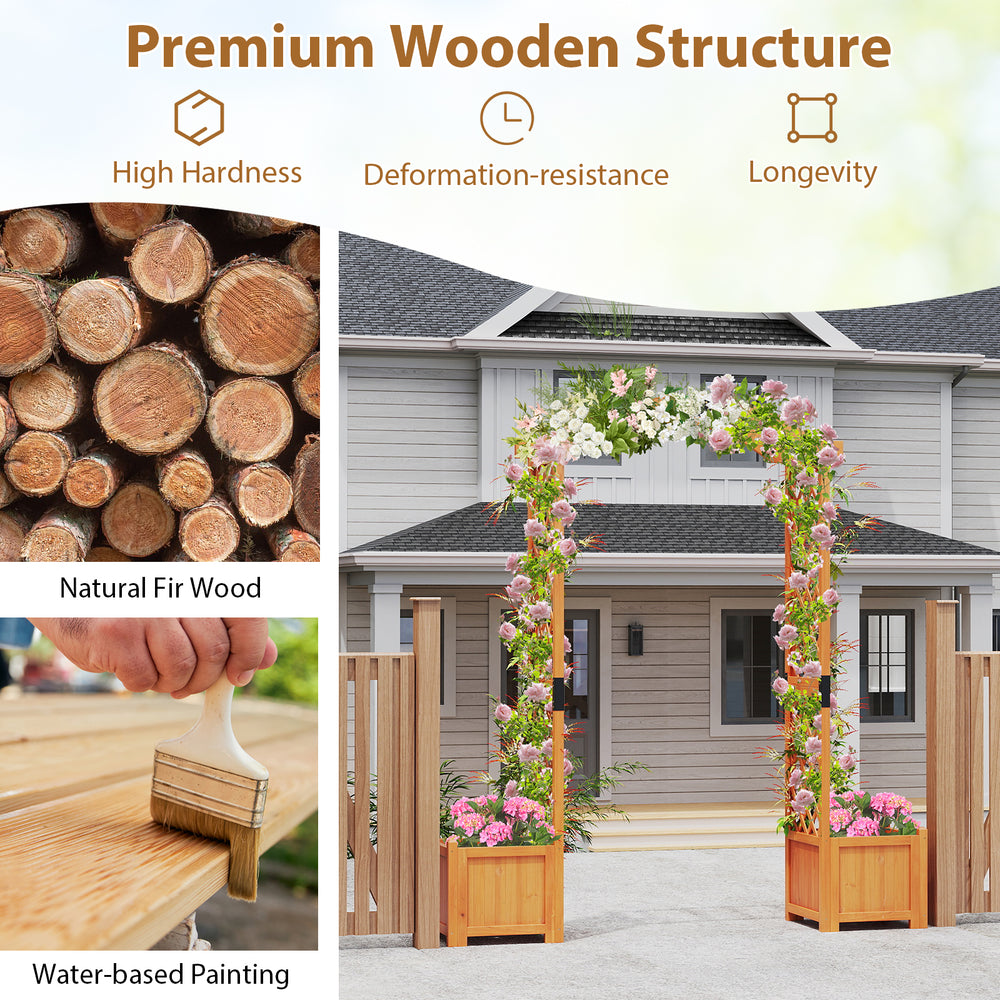 Wooden garden arbor with planter and trellis in orange, made of fir wood, ideal for climbing plants and outdoor.