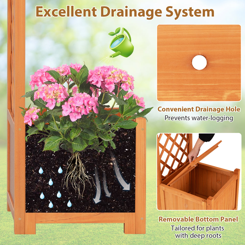 Wooden garden arbor with planter and trellis, featuring drainage holes for climbing plants and durable fir wood.