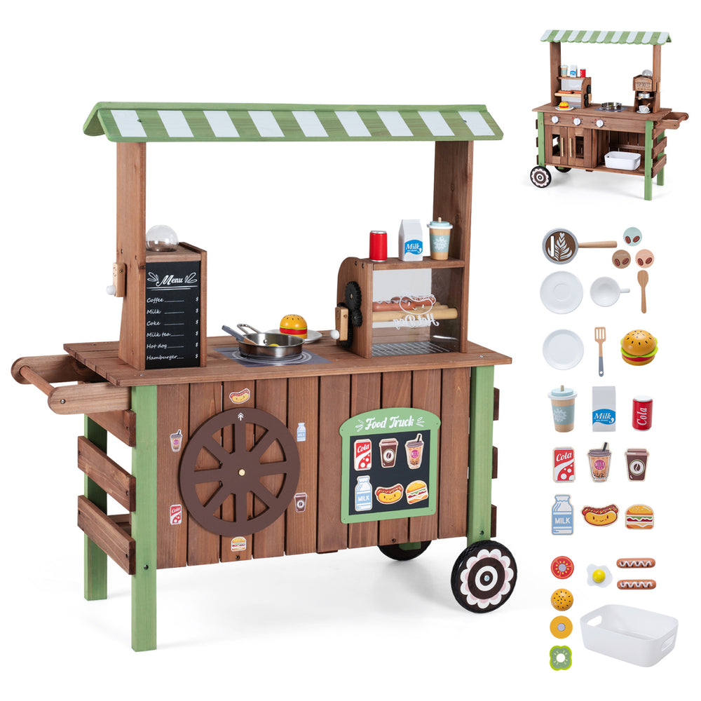 Wooden grocery store playset with hot dog grill, coffee maker, and large wheels for immersive role-play fun.