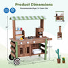 Wooden grocery store playset for kids includes a green-and-white striped awning and storage shelves for imaginative play.