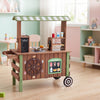 Wooden grocery store playset for kids features a hot dog grill, coffee maker, and large wheels for easy mobility.