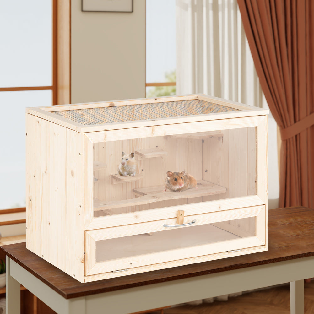 Wooden hamster cage with mesh flip roof, multi-level design, and storage rack, perfect for small pets like hamsters and.