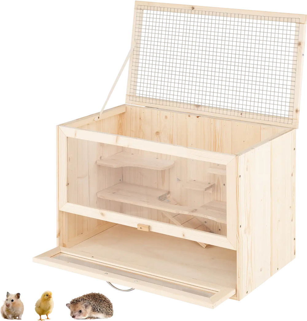 Wooden hamster cage with mesh flip roof, multi-level design, and storage rack, ideal for small pets like hamsters and.