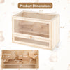 Wooden hamster cage dimensions displayed, featuring a flip top for ventilation and multi-level design for small pet.