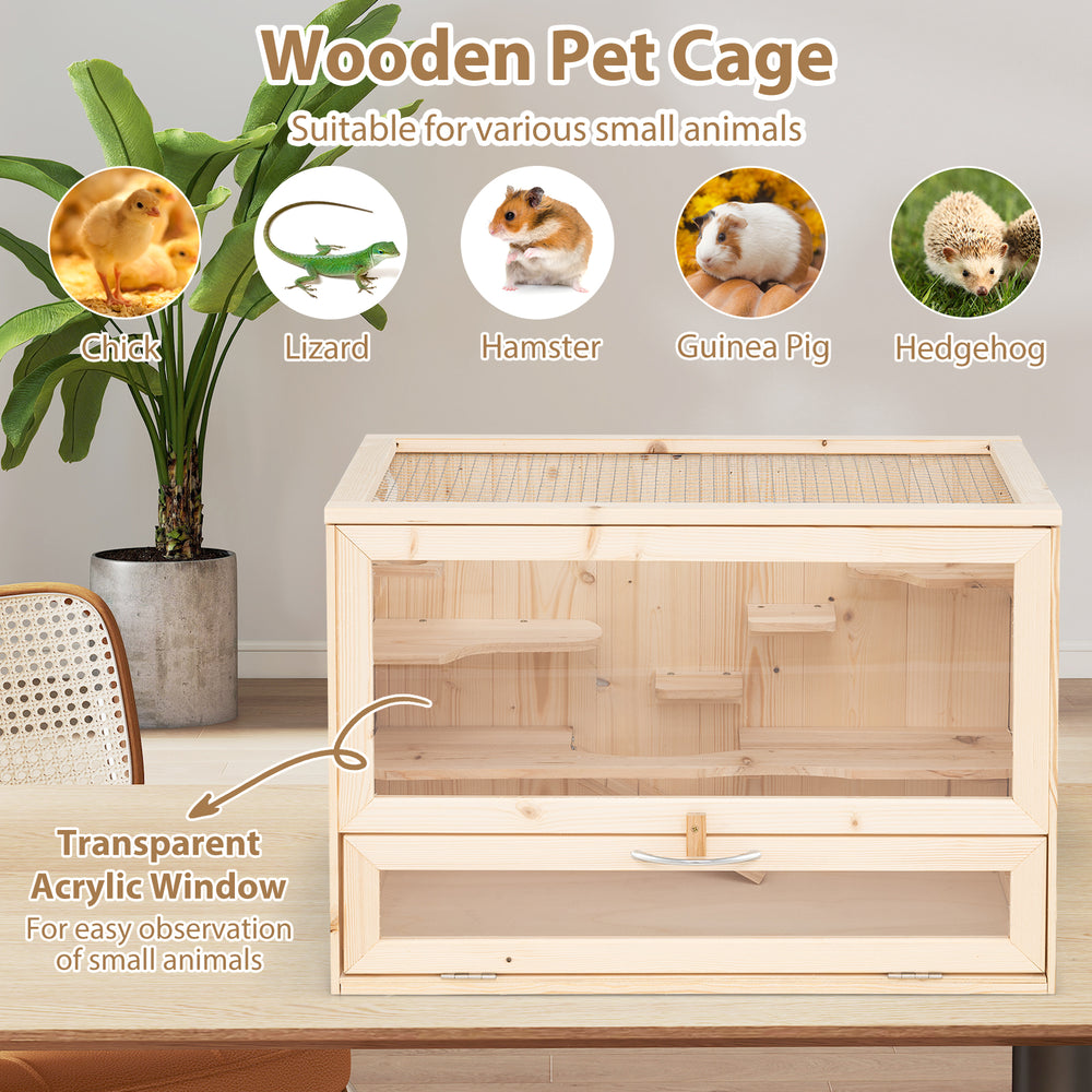 Wooden hamster cage with mesh flip roof, multi-level design, and acrylic panels for small pets like hamsters and guinea.