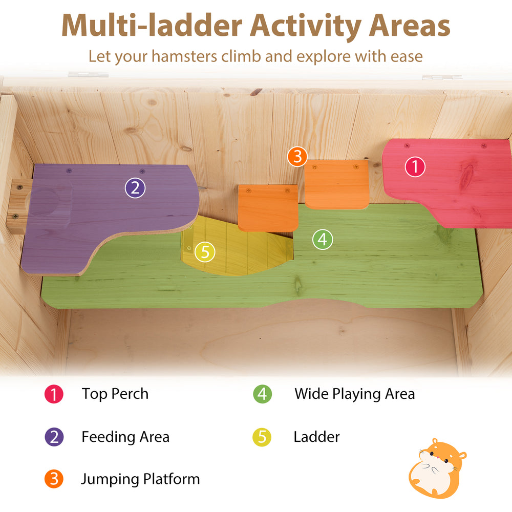 Multi-level wooden hamster cage with colorful activity areas, ladder, and feeding space for small pets.