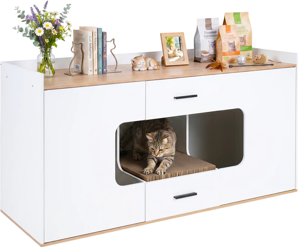 Wooden hidden cat house cabinet with a spacious countertop, two drawers, and a concealed litter area for organized pet care.
