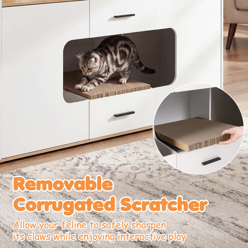 Removable corrugated scratcher for the Wooden Hidden Cat House Cabinet, allowing cats to sharpen claws while playing.