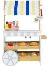Wooden ice cream cart playset with display shelves, large wheels, and accessories for kids' imaginative role-play.