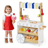 Wooden ice cream cart playset for kids with display shelves, large wheels, and various pretend ice cream treats.