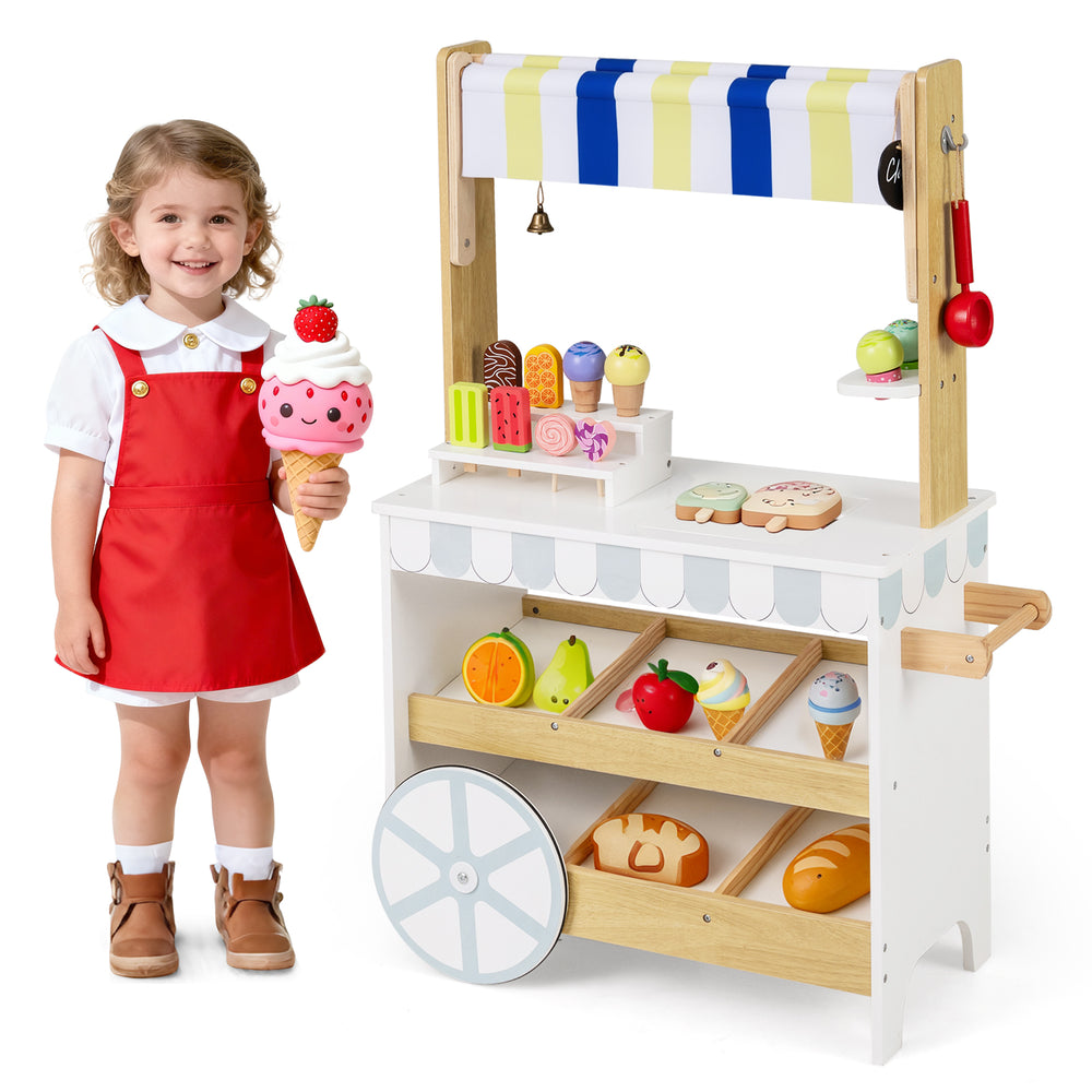 Wooden ice cream cart playset for kids with display shelves, large wheels, and various pretend ice cream treats.