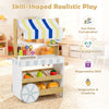 Wooden ice cream cart playset with display shelves, large wheels, and accessories for imaginative role-playing fun.
