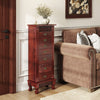 Tall wooden jewelry armoire in brown with seven drawers and swing doors, perfect for organized jewelry storage.