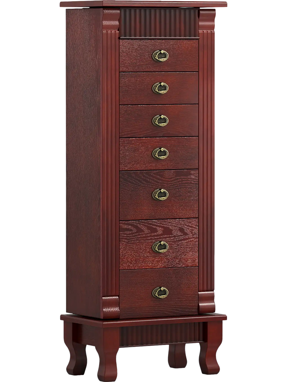 Tall wooden jewelry armoire in brown with 7 drawers and swing doors for ample jewelry storage. Ideal for organizing.