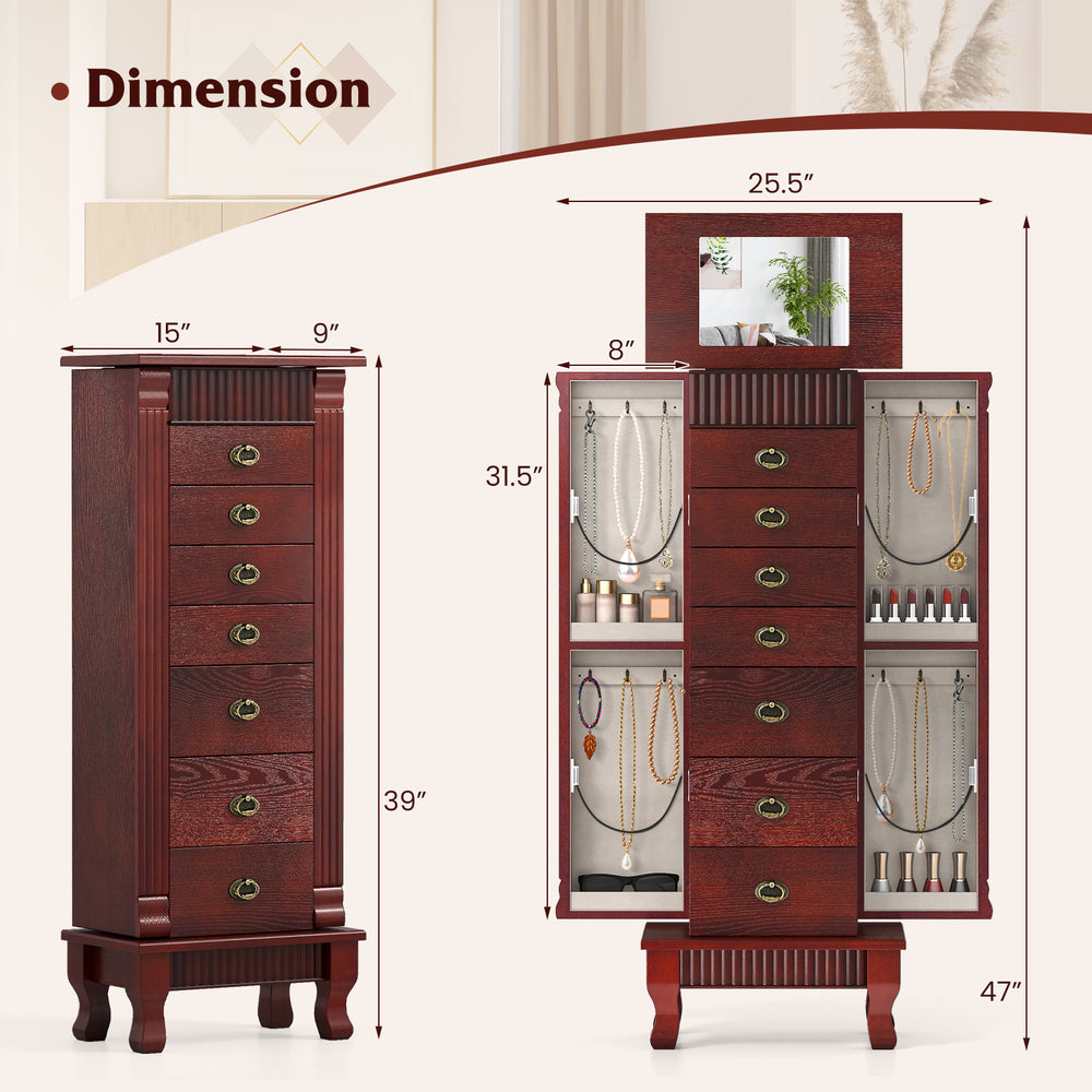 Wooden jewelry armoire cabinet in brown with 7 drawers and swing doors, featuring a mirror and ample storage space.