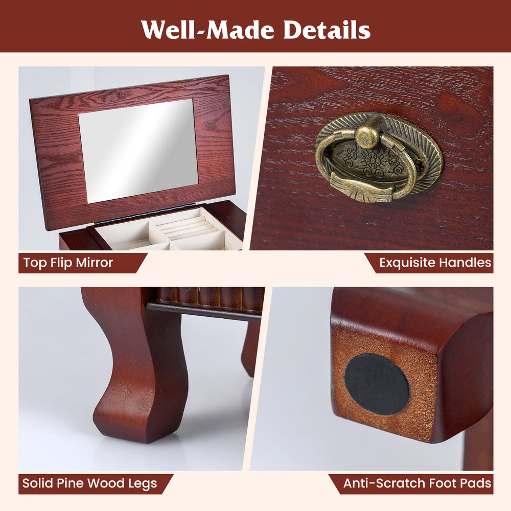 Close-up of the wooden jewelry armoire cabinet with a flip mirror, solid pine wood legs, and anti-scratch foot pads.
